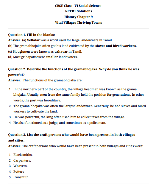 worksheet social science 6th std cbse board with model answers