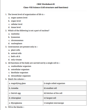 Science Worksheet 8th Std. Cbse Board With Answers In English Medium